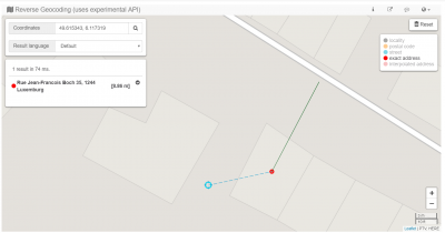 Sample of the 2.11 implementation: Red dot and grreen line represent the exact address that is closest to the input coordinate