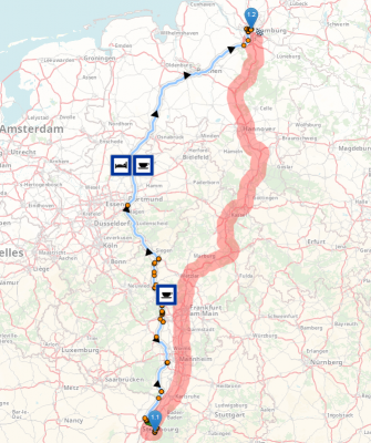 Screenshot of the partners application. Red polygon / track is blocked. Therefore the route drives through an alternative area.