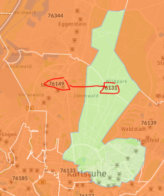 adjacent postcodes - what is the istance between 76131 and 76133? Zero? because they touch?<br />Or 1.5km because this is the airline between the reference points? Picture taken from https://www.suche-postleitzahl.org