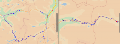 BlockedInWinter.PNG (366.14 KiB) Viewed 8835 times Route from Gadmen to Färningen (tomtom map). <br />LEFT: blockedInWinterMalus =0<br />RIGHT: blockedInWinterMalus=2600