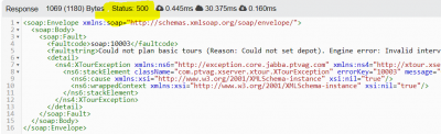 Example from the raw request runner (xTour1): The response contains the required information but the status code HTTP-500 causes the client to drop the response body.