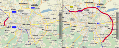 Left route: without considering the special layer (just visualised the segments which belong to it but the special attributes are not relevant for the geometry)<br />Right route: feature layer has been activated. The router performs a detour around the city on the segments which are &quot;preferred&quot;