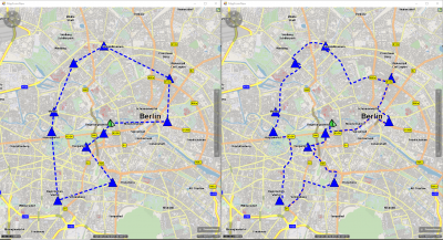Tours.PNG (1.52 MiB) Viewed 4483 times Both maps: same sequence of stops, both tour responses based on routing dima<br />Left: displayed with simple airline connection<br />Right: after polygon has been calculated via xRoute<br />Left: