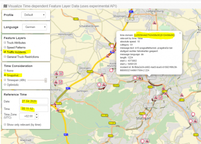 TimeConsideration of the map: SNAPSHOT 27.4.2020 - 00:11:00 (UTC+2).<br />Highlighted incident: [(y2020m4d27h2m58s30){h12m58s30}]<br />This means : the incident is valid from 2:58:30 on 27.4.2020 and lasts for &quot;12:58:30&quot; (till 4pm).<br />As the scope of the map is some hours before this incident it is displayed in grey.<br />Most of the grey icons are construction sites and therefore are given with a longer validity period.