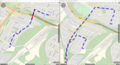 left: no attributes activates. The route follows a path under a bridge with a 2.60m height restriction.<br />right: the vehicle's height is set to more than 2.6m and the additional content is content is activated. This leads to the necessary detour.