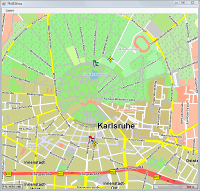 The flags on this map show the input coordinates (green=start, red=destination) of a route. As the close environment of these coordinates is not allowed for the vehicle (e.g. because of pedestrian zone, tollroads forbidden, trucks forbidden...) we have to investigate which other segments within a given radius are allowed. In this plot we finally find the segments near the yellow crosses. Those are the closest segments that match our routing options  (malus values) and our vehicles properties.