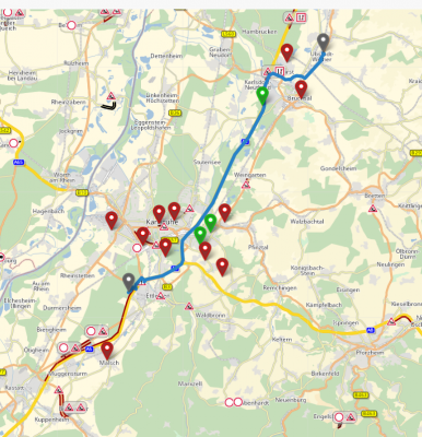 corridor search: which pins are reachable with a detour less than XX meters or mm seconds:<br />green pin : inside the corridor<br />red pin : outside the corridor