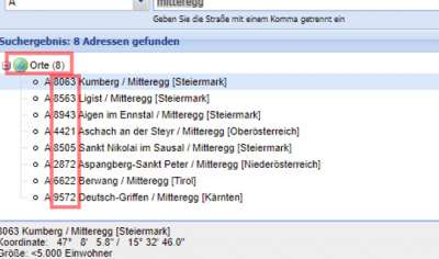 Search for &quot;Miteregg&quot; in Austria. MGI / xlocate 1 returns hits including postcodes.