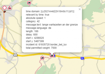 The icon and tooltip at the Luxemburg border  (only 10 minutes delay)