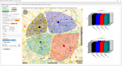 In this next example the total number of requested centers is not 1 but 4. As you can see on the upper chart in the right: all aggregated activities in a specific area have almost same values (about 2% difference). Though the red area has the most assigned customers (77) it's assigned activity is the minimum out of the 4 regions (24.6%).