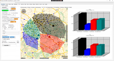 Lets go back to &quot;number of input clusters == number of output clustere&quot;. With this example I also mentioned that the balance between the total activities is no longer set to &quot;same total activity for all centers&quot;: I predefined that the center in the NorthEast has 4 times more ressources than the blue one (Southwest). And RED and GREEN have 2 times the capacity of BLUE. As a consequence in this output the BLACK area is much bigger than GREEN and RED and finally the BLUE area is the smallest one.