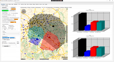 In this next example I defined the input clusters &quot;capacities&quot; as &quot;absolute. This means that for each center I specify a maximum quantity and this leads to some new effect: as the sum of the 4 capacities is less than the total activity of all customers together the output returns some customers unassigned (west and south). Anyhow the balance between the assigned territories is still scaled.