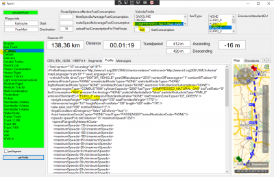 Example: A screenshot from my latest version of the Emission2 calculator (HBEFA4 / CEN=EU_16258):<br />While most of the routing attributes are taken from the stored profile &quot;Car&quot; I am overriding some parameters through the request profile. The &quot;profile&quot; in the textbox shows the effective profile.