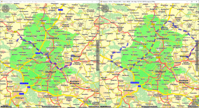 For both routings the GREENZONES apply a malus of 2501 (strictly forbidden). <br />Waypoints: &quot;71735 Hochdorf an der Enz&quot;  --&gt;  &quot;7133* Waiblingen&quot;<br />Left: Vehicle has a green vignette - passage is allowed<br />Right: vehicle has a RED vignette, therefore it must perform a detour