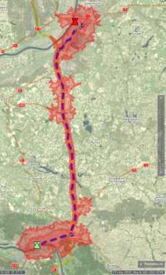 Complete route: in urban areas with a detailed road network the areas are covering much more space.