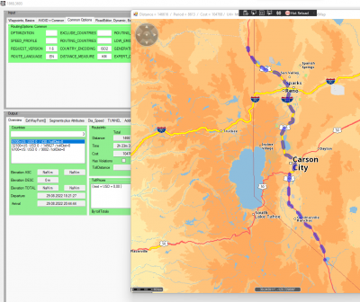 No restrictions applied - the route starts in California (6100), passes Nevada (32100) and ends in California (6100). Check the toll lists on the left bottom.