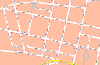 Old school mapserver map  -  house number sections are displayed, but not all the available individual numbers