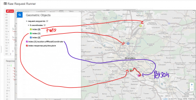 RED= 3 potential taxis waiting for a customer.<br />The closest one is picked. No info about the other two taxis returned.