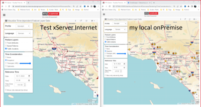 On the left side we see that the default settings of the fl cause the renderer not to display the icons at the given zoom level.<br />On the right environment the fl data is already displayed in the same level.