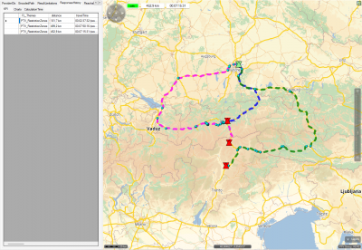 Three routes starting in Munich. The destinations are <br />Innsbruck (within the transit zone, therefore allowed to use the A12), Vipiteno and Bolzano (both outside the transit zone, therefore large detours apply).