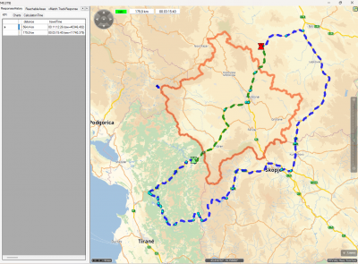 green: polyline not considered (179.8 km)<br />blue: detour due to polyline (564.4 km)