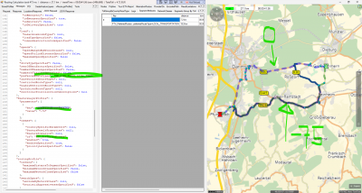 Segments in solid dark blue: attribute LOCAL_TRANSPORTATION<br /><br />dashed blue route: preferredRoutePenalty=0 (no special treatment)<br />dashed green route: preferredRoutePenalty=-75 (prefer such segments with a 75% &quot;bonus&quot;)