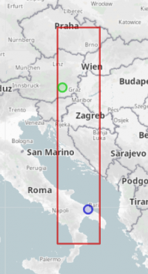 Within the given  rectangle there's no route found: to get from the area north of the Adria to the southern part of italy within the rectangle it would require a ferry - I've restricted the rect for this example to an area which does exclude the ferries near Dubrovnik