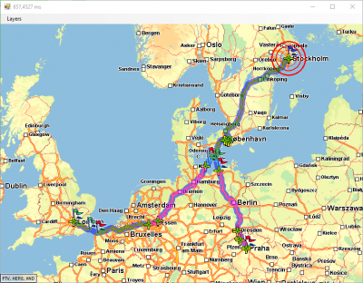 International route from London via  Stockholm to Prague