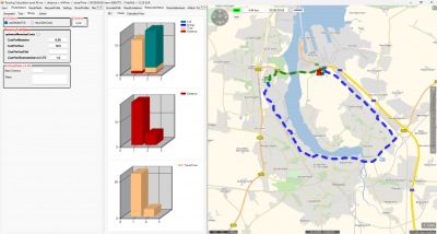 Route around the Warnow Tunnel in Germany. Green route: &quot;oldschool route based on abstract costs&quot;. Blue: monetary based routing. As you can see from the charts the overall costs of the route with toll are exceeding the ones of the longer distance, longer traveltime but no toll route.