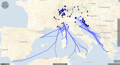 sample of ferries (blue)  and piggybacks (green) within a certain rect. XData.getSegments(.)