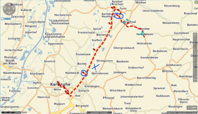 Sample image: <br />Waypoints: Karlsruhe, Bruchsal, Heidelsheim.<br />Red Pins: SVPs between Karlsruhe and Bruchsal (1st leg)<br />Cyan pins: SVPs between Bruchsal and Heidelsheim (2nd leg)<br />Blue cross: current position<br />Blue circles: candidates &quot;close&quot; tu CUR<br /><br />Though the lower blue circle is faster to be reached from an individual perspective, the upper blue circle is where I would expect the guided navigation to return to the route. Or not?