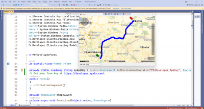 Sample Projtct - I am using the windows system to provide the API key. The sample project then computes a route polyline and visualizes it together with symbols for start and destination waypoint.