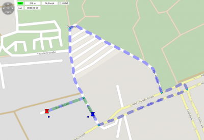 3 waypoints. Red icon is start and destination. Dark blue icon is intermediate waypoint. Depending on the flag continueInDirectionOfArrival the vehicle takes a huge detour to avoid unwanted local turning maneuver (blue route).