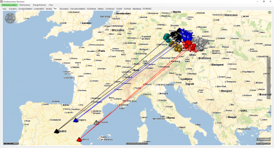 overall visualization of 6 sales reps and their 6 service areas. Sevilia/Malaga are even further away from the simulated czech customers than the sales reps in Barcelona and Zaragoza.