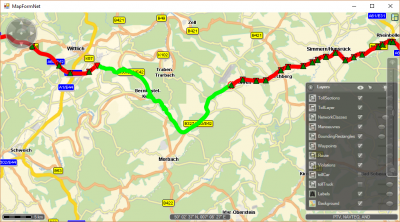 - green triangle: toll section starts<br />- red triangle: toll section ends<br />- red / green line: segment attributes have toll or not<br />Attention: some info is based on the segment attributes (not on the vehicle and the concrete routing!): hasTollCar, hasTollTruck, TollLayer.<br />Other info is based on the vehicle (and therefore the concrete routing!): sections.