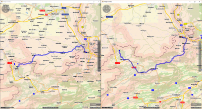 The stations of both routings are equal: both located in Switzerland. While the route on the left takes a passage through France/Alsace the route on the right is limited to Switzerland by RoutingOption.ROUTING_COUNTRIES=41. This causes a detour but ensures business rules of the customer.