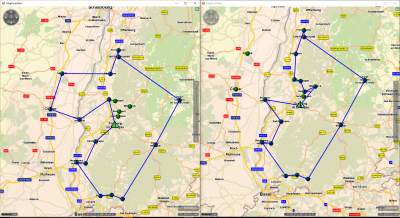 directDistanceFallback.PNG (1.71 MiB) Viewed 13411 times Left map: though the dima is based on "Germany only" the tours consider locations in France (west of Rhine). This is because the distances and routing times are estimated based on the FallBack mechanism.<br />Right map: The dima is based on "Germany only" and the fallback is disabled. Therefore French locations remain unscheduled.