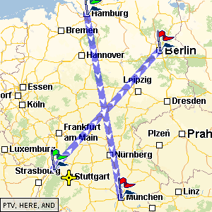 The global setup of the scenario: <br />Depot is in Stuttgart, the arrows show the relations (pickup=freen, delivery=red)