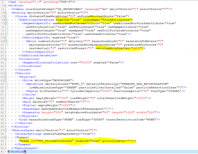 This snippet contains <br />- activation of the traditional TruckAttributes<br />- activation of the state-of-the-art feature layer TruckAttributes<br />- the physical dimensions and further relevant properties of the vehicle and so on<br />This example is based on a case where the customer wanted to be sure not to use mountain passes where trailers are forbidden.