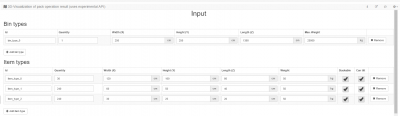 The input describes the containers (BINs) incl. numbers, size and capacity and the content (ITEMs) with numbers, size and weight. <br />Furthermore the items can be tilted (or not) and carry other items (or not)