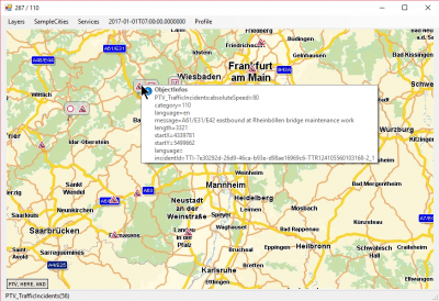 The PTV_TrafficIncidents layer contains live traffic data. The data is consumed and updated through the Content Update Service which connects to the PTV computing center in defined intervals. Besides the geometry of the incidents the layer provides textual information (traffic messages) and categories of the incidents (blocking, traffic jam, ...). Before the PTV_TrafficIncidents was available the customers used the Traffic Info Loader for the same purpose.