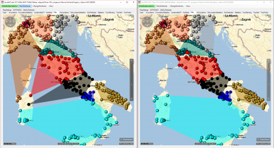 Left scenario: customers are not pregrouped which leads to the ugly effect that the island of Sardegna is supposed to be visited by 4 different sales reps.<br />Right scenario: by pregrouping the customers on the island we are able to reduce the number of sales reps who have to take care of Sardegna.