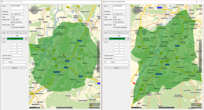 Isochrones. distance based isochrones usually look more like a circle while driving period based ones follow the street network (high speed on highways: longer reach into that direction).