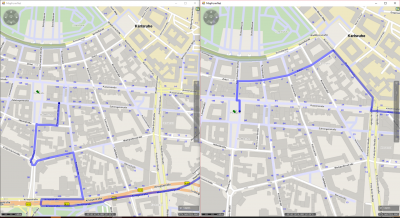 LEFT: complex detour, furthermore the pyramid waypoint isn't reached. The real trip starts in a small distance from the pyramid.<br />RIGHT: the vehicle is allowed to use the delivery flag and therefore the linking attaches the route almost direct to the pyramid.