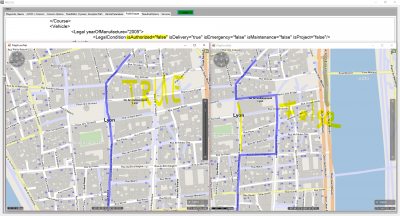 left track: isAuthorized==TRUE. Track leads straigth through the blocked road.<br />right track: isAuthorized==FALSE. Detour necessary because of the blocked road.