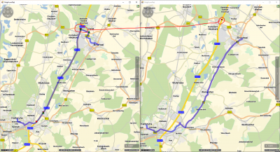 TollSections.PNG (1.2 MiB) Viewed 16693 times Left: initial route using the three toll sections between Bruchsal and Karlsruhe. So I identified the coordinate of the second sections start segment and defined a simple line (two identical points) to be used with an ExceptionPath.intersectingLine object<br />Right: the red ball shows the intersecting line. By setting the ExceptionPath's relMalus to 2600 the critical toll section isn't used.