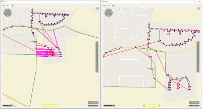 Left: optimization and routing based on &quot;car&quot; profile<br />Right: both computed with a delivery profile.<br /><br />As you can see about 20 of the magenta match points in the critical area are linked to the Kringstraße ans simply optimized based on the y-coordinate. So this explains the sequence. <br /><br />After applying a delivery profile the linking distances are shortened and match the waypoints to the proper street.