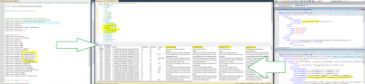 LEFT: configuration of the traffic info loader plugin. It consumes the events incl. the messages  and stores the info in the database table<br /><br />CENTER: the database table (in my system I used MS SQL Server but you can also use other RDBMS)<br /><br />RIGHT: the geodatasource configuration file which is responsible for the consumption of the geometry (display via xmap) and exception_path (detour via xroute)