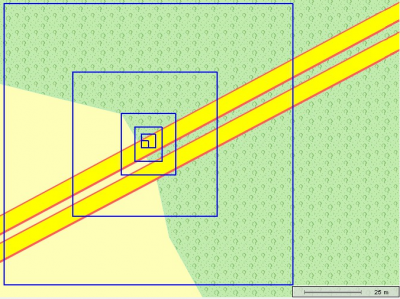 Rects calculated with radius 1,2,5,10,20,50 based on mercator