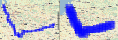 Both maps have boundingRectanglesC=25<br />This screenshot compares the horizon of the corridor: <br />left: boundingRectanglesOffset=10000m, right: boundingRectanglesOffset=50000m.